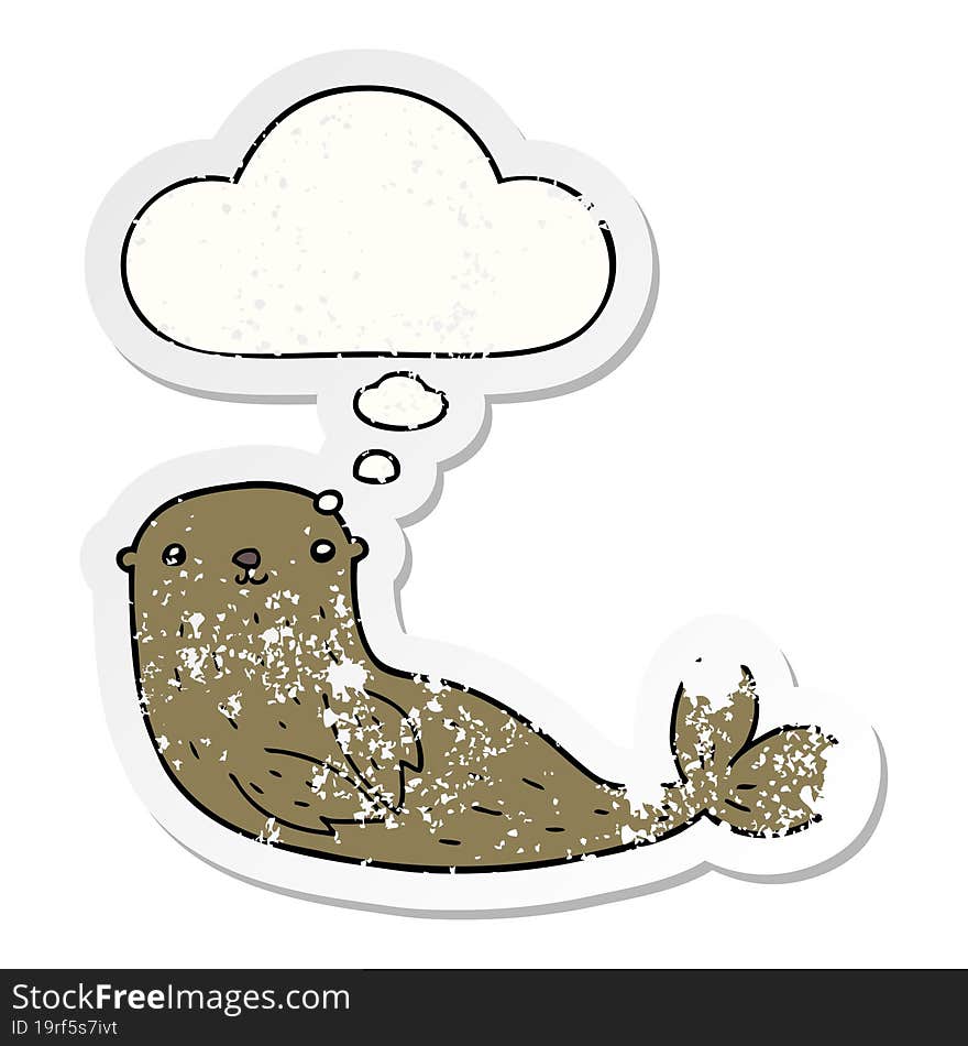 cartoon seal and thought bubble as a distressed worn sticker