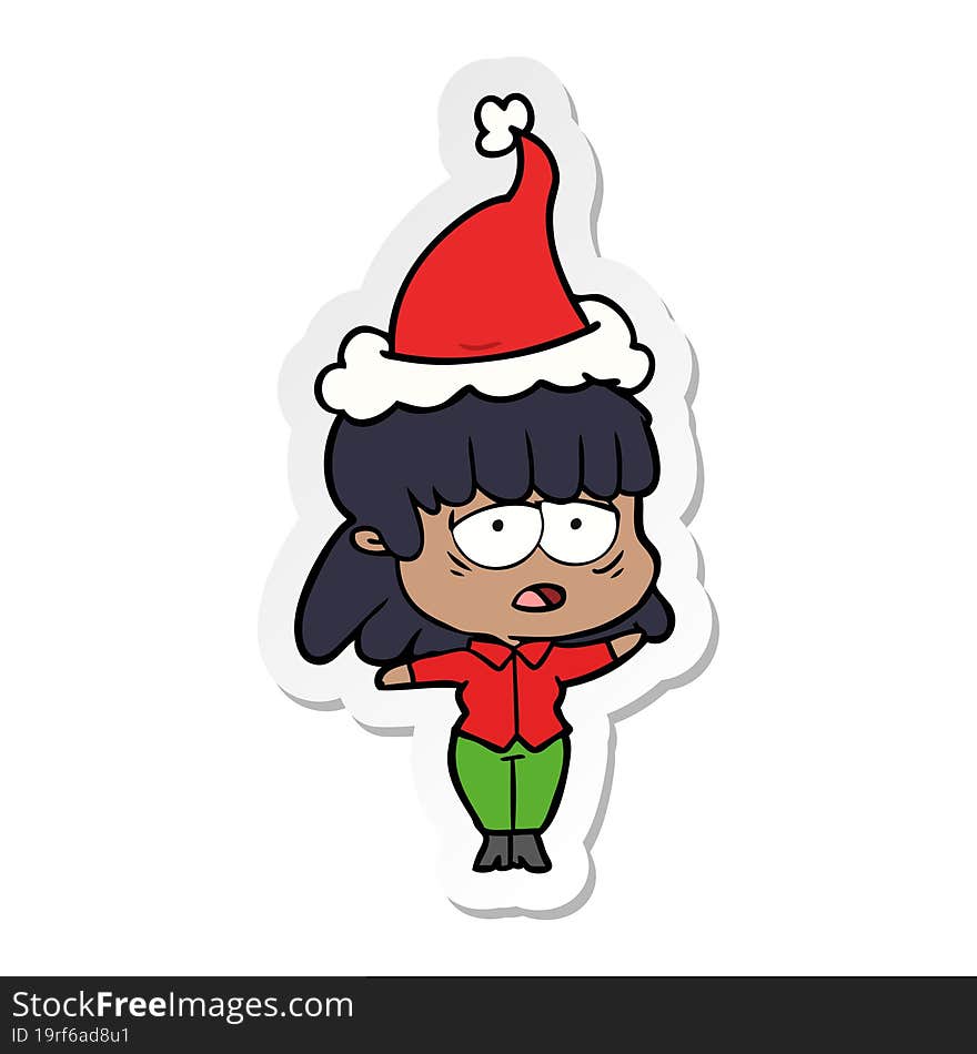 sticker cartoon of a tired woman wearing santa hat