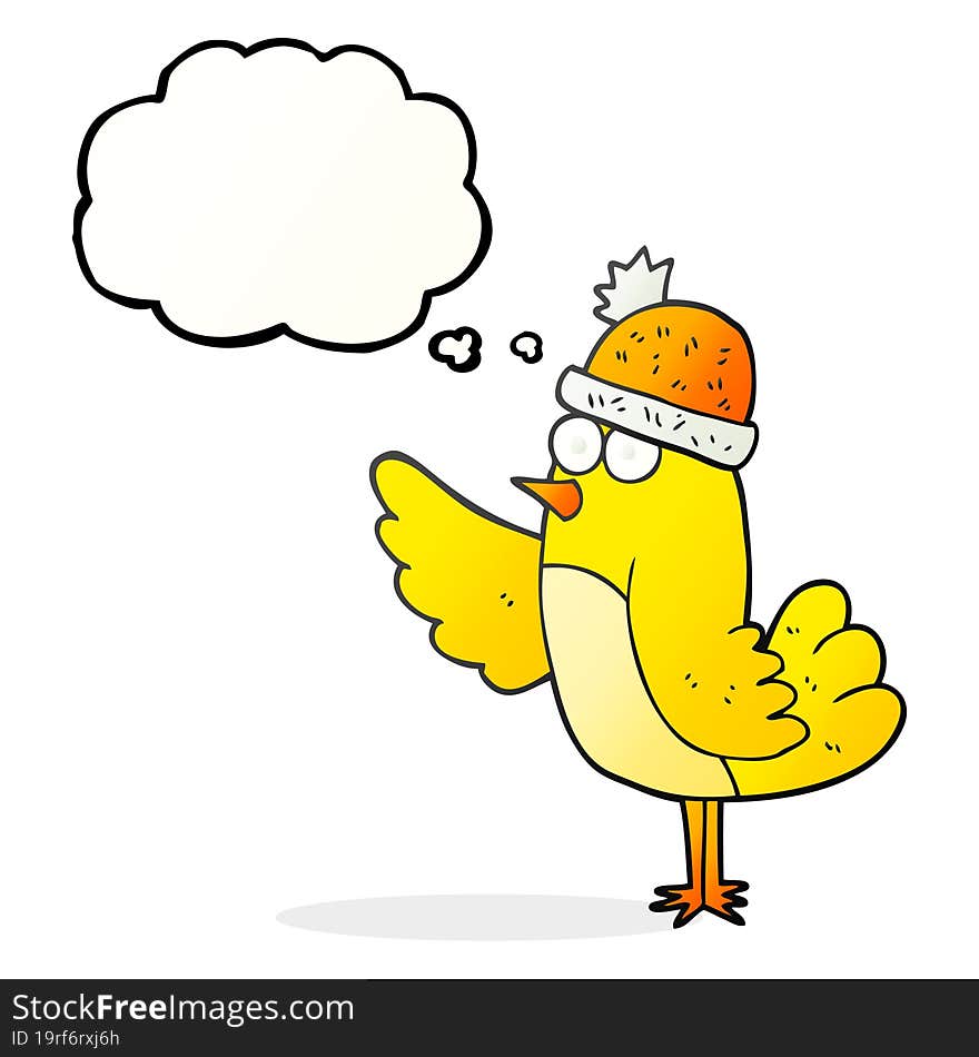 thought bubble cartoon bird wearing hat