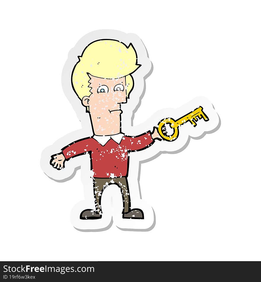 retro distressed sticker of a cartoon man with key