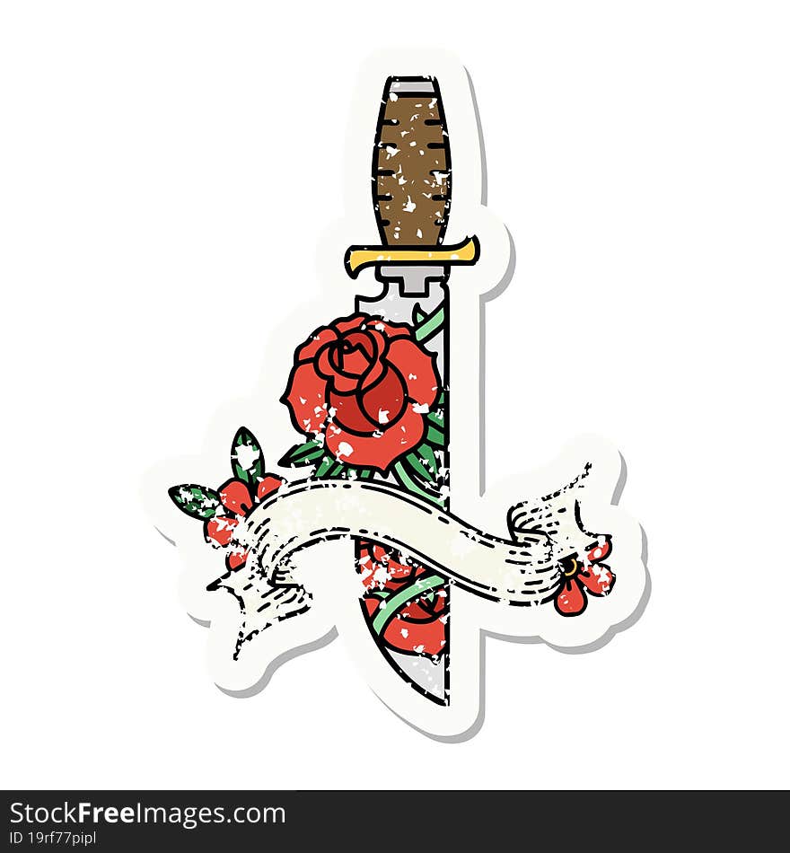 grunge sticker with banner of a dagger and flowers