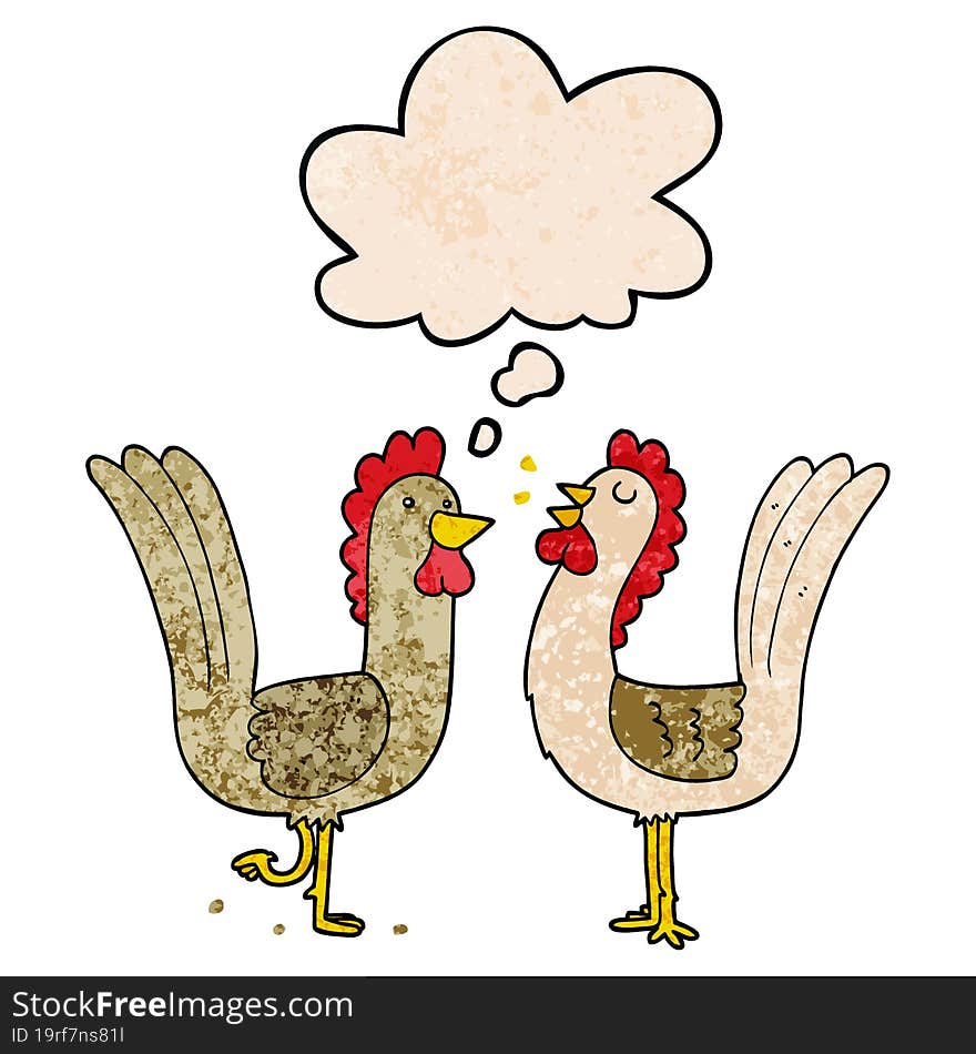 Cartoon Chickens And Thought Bubble In Grunge Texture Pattern Style