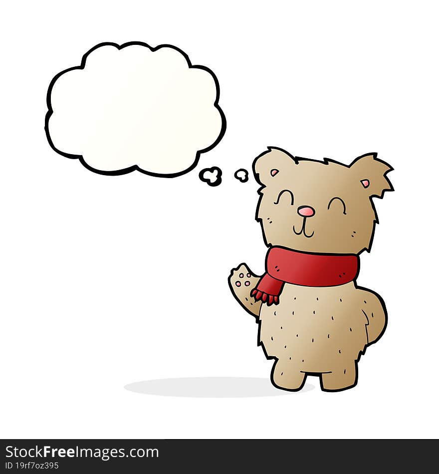 cartoon waving teddy bear with thought bubble