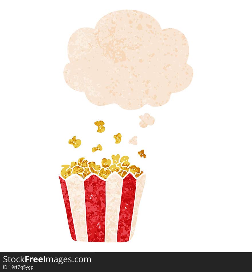 cartoon popcorn and thought bubble in retro textured style