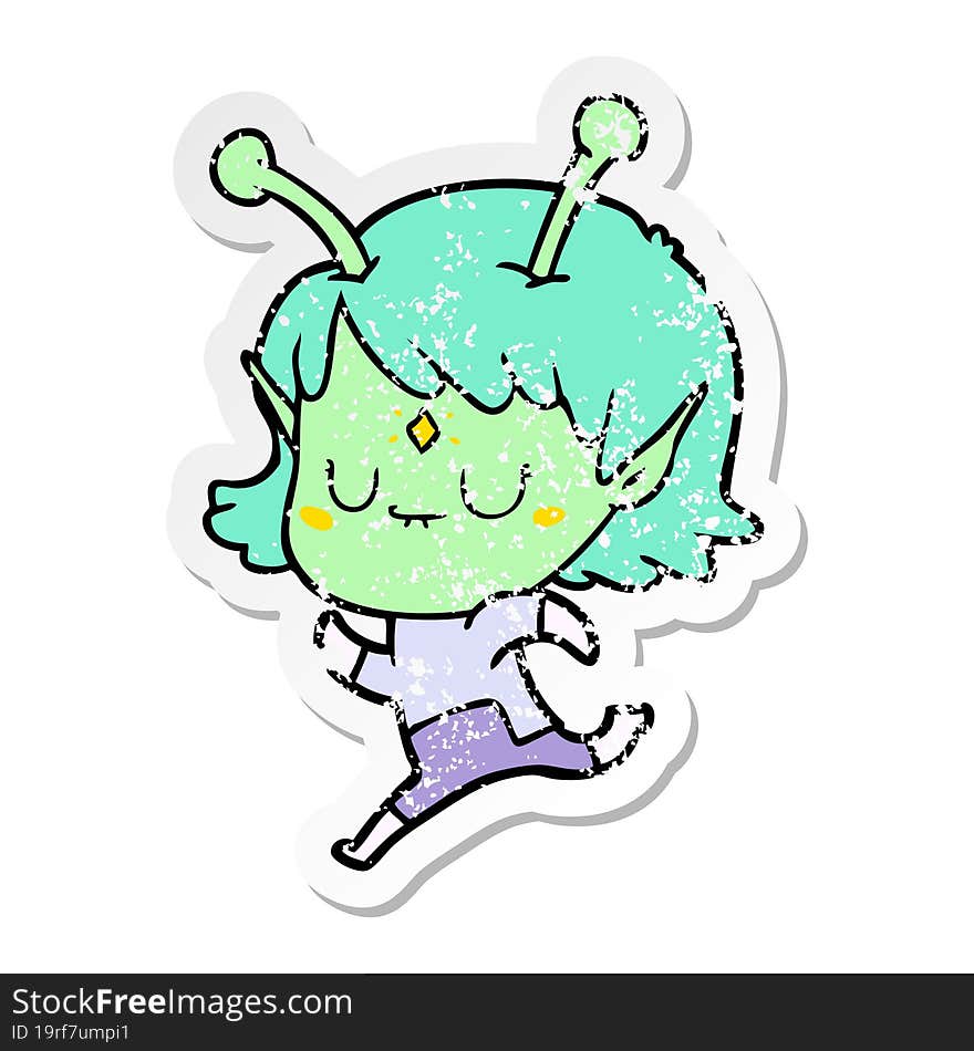 distressed sticker of a cartoon alien girl