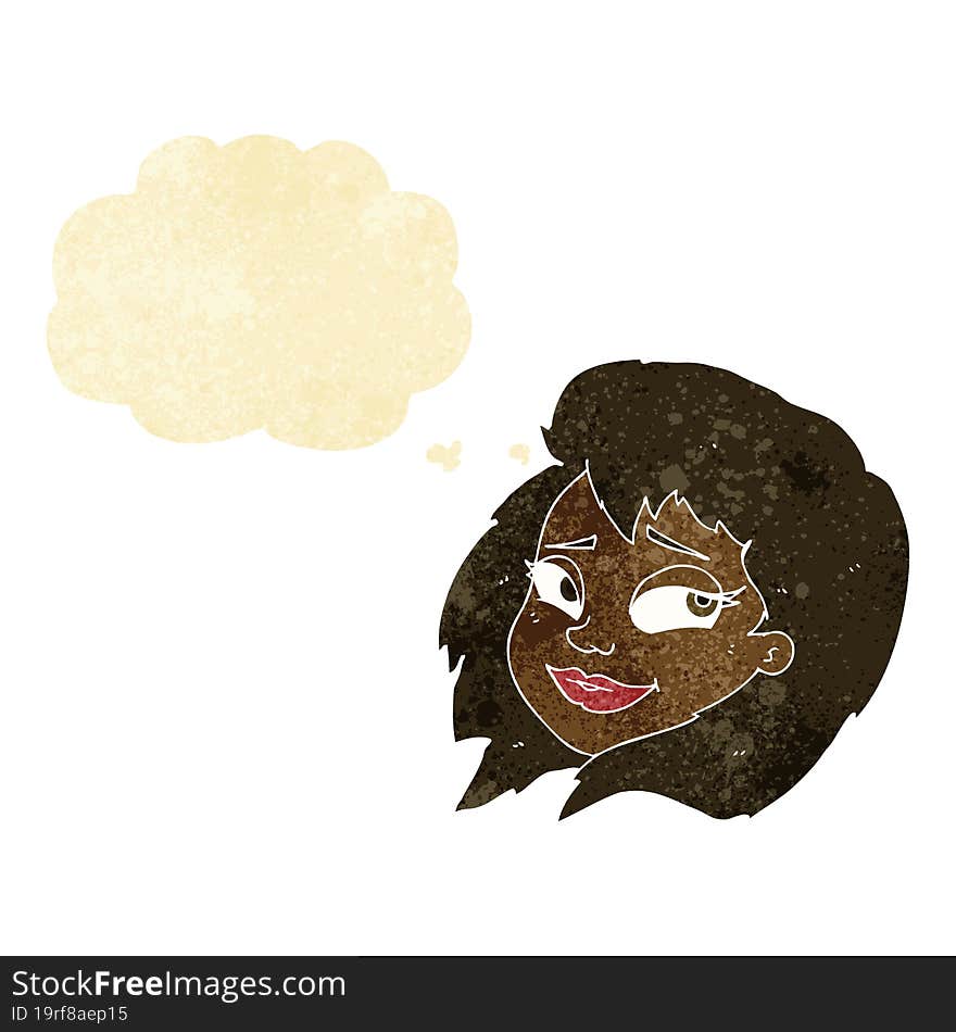 cartoon happy female face with thought bubble