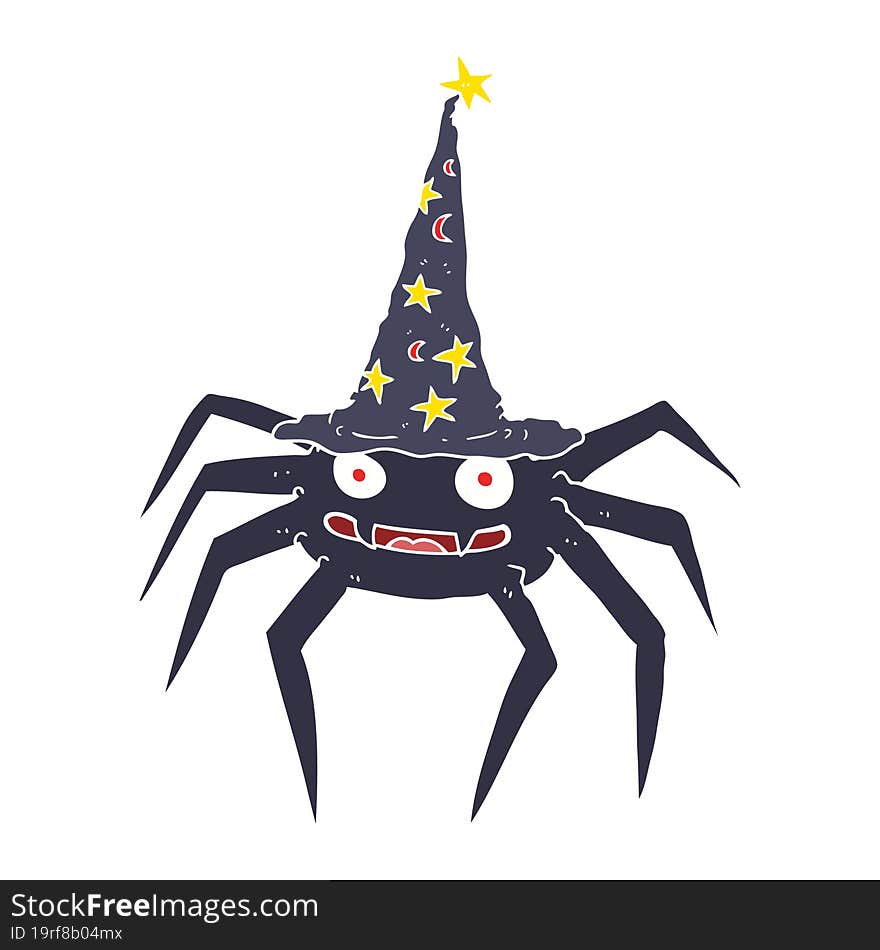 flat color illustration of a cartoon halloween spider in witch hat