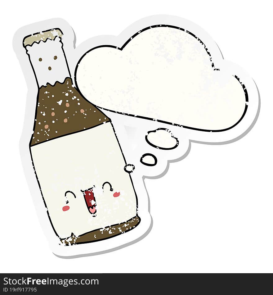 cartoon beer bottle and thought bubble as a distressed worn sticker