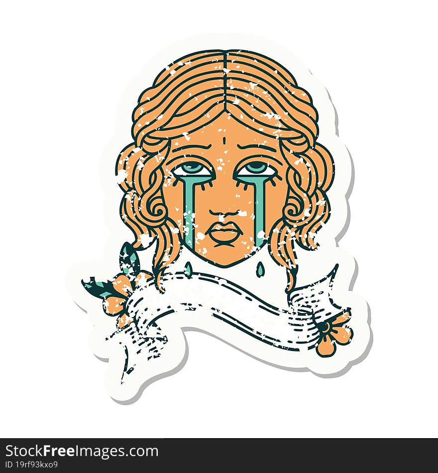 Grunge Sticker With Banner Of Female Face Crying