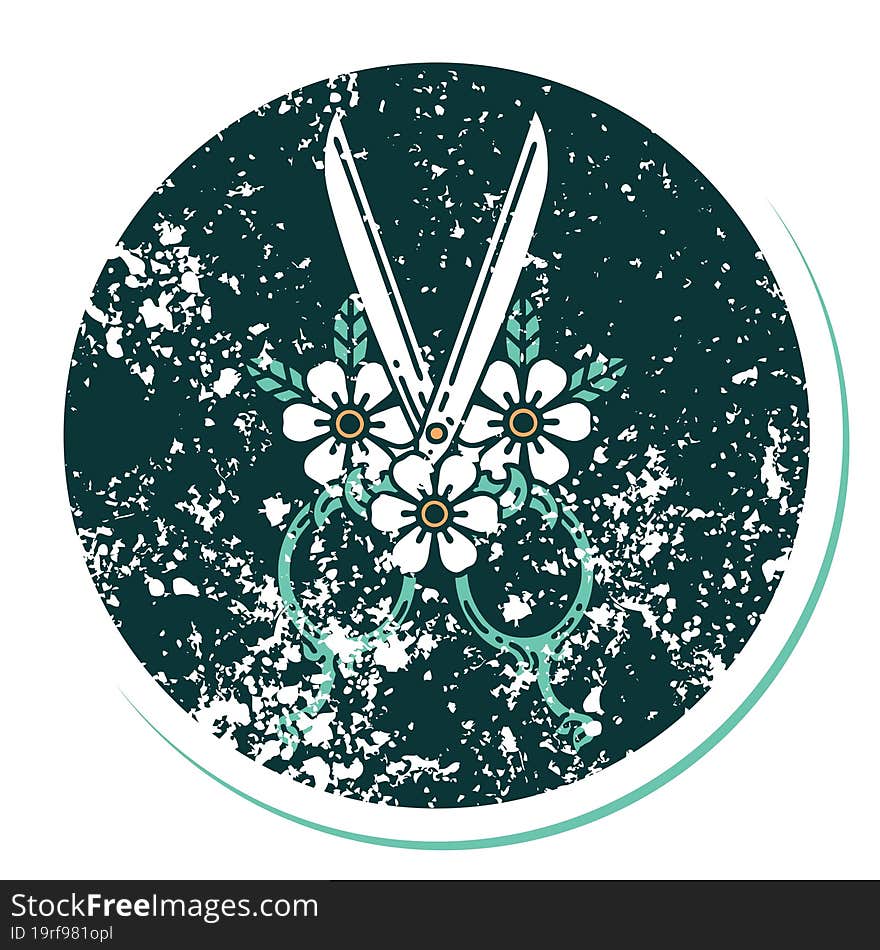 iconic distressed sticker tattoo style image of barber scissors and flowers. iconic distressed sticker tattoo style image of barber scissors and flowers