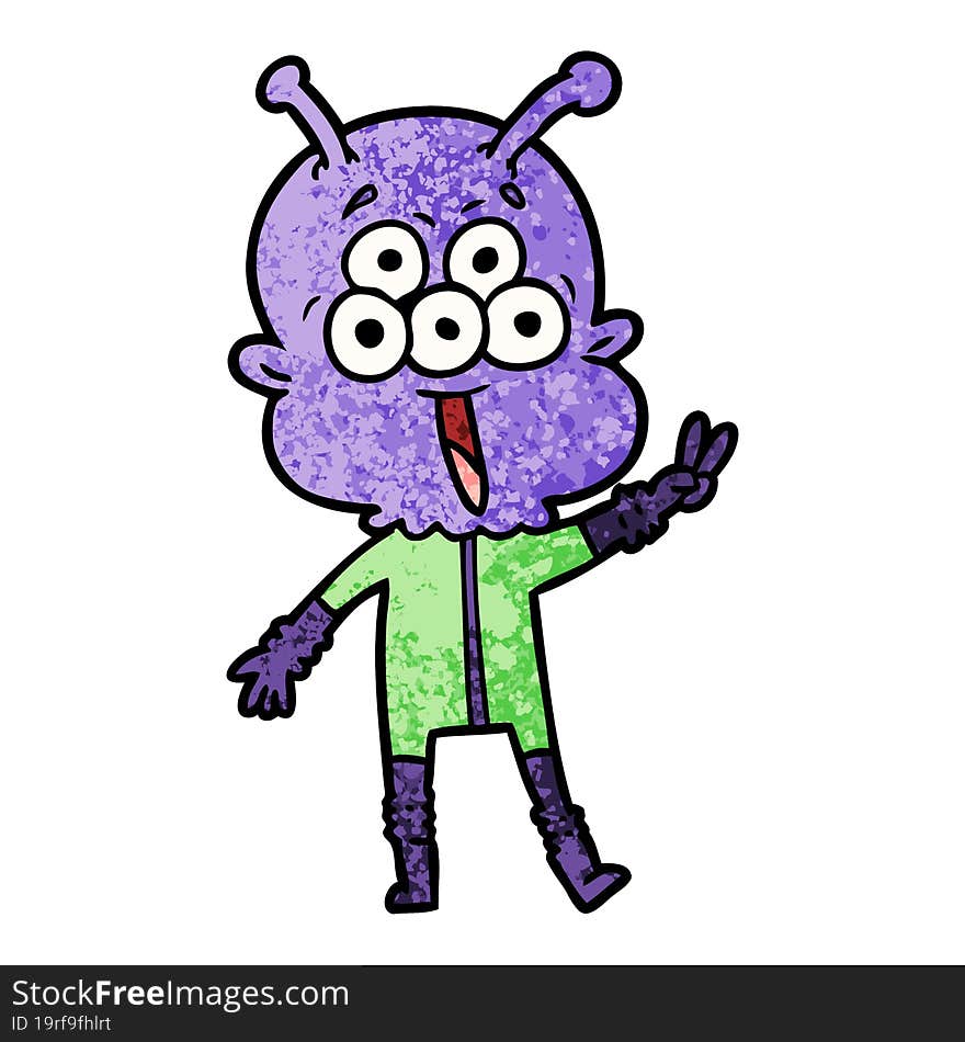 happy cartoon alien waving peace gesture. happy cartoon alien waving peace gesture