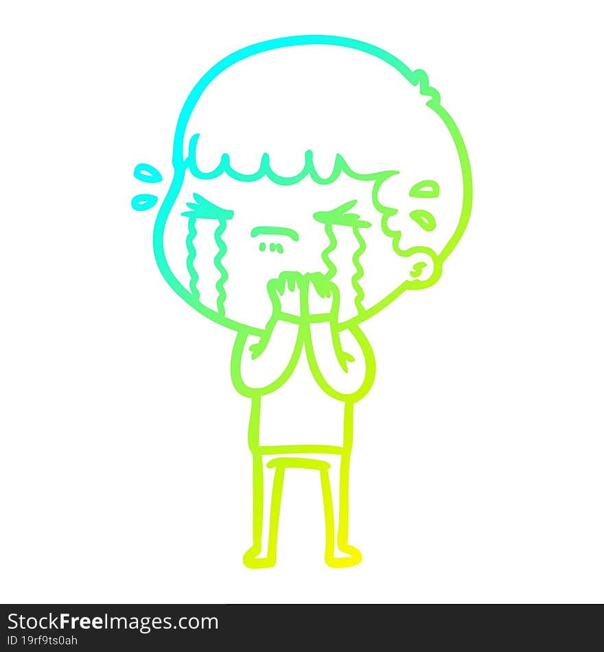 cold gradient line drawing of a cartoon man crying