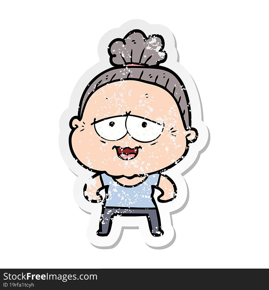 distressed sticker of a cartoon happy old lady