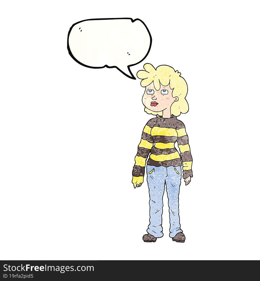 freehand speech bubble textured cartoon woman in casual clothes