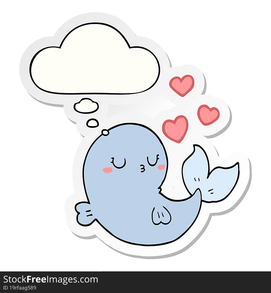 cute cartoon whale in love and thought bubble as a printed sticker