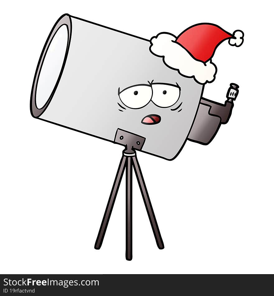 gradient cartoon of a bored telescope with face wearing santa hat