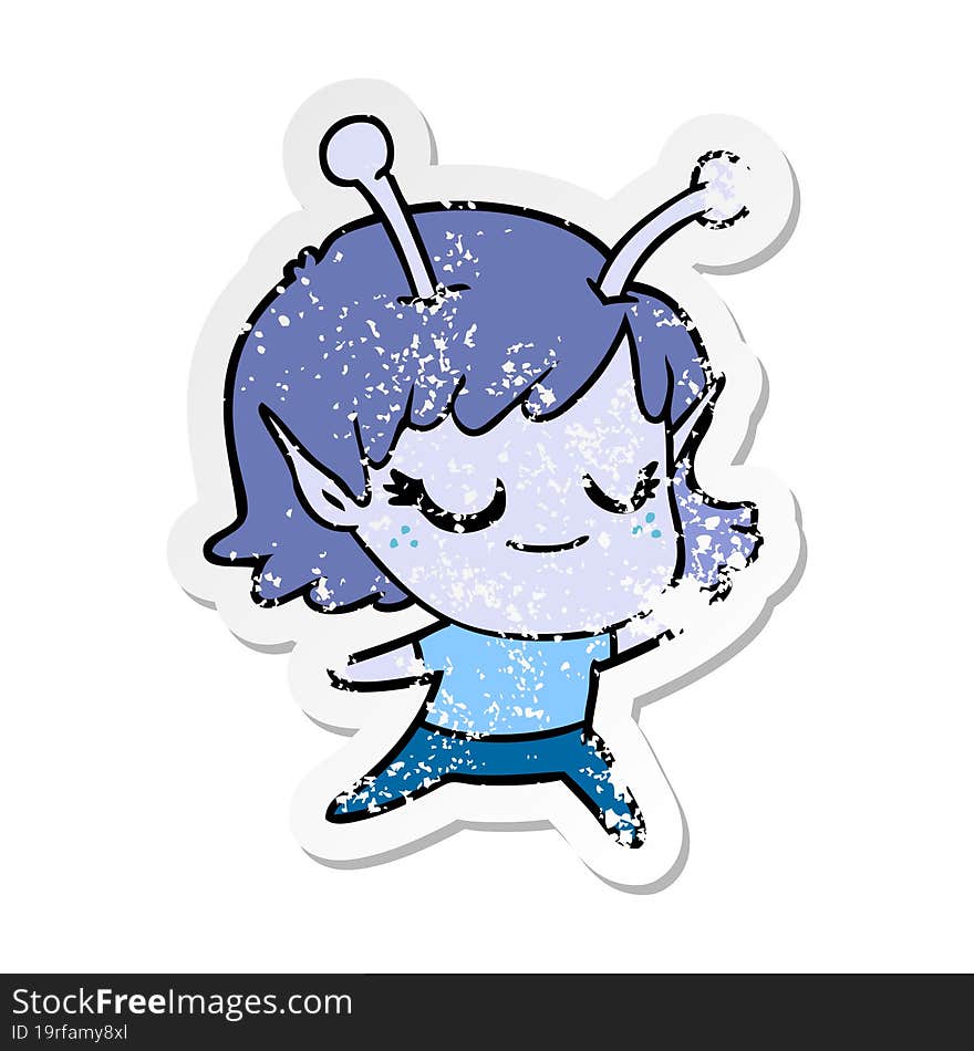 distressed sticker of a smiling alien girl cartoon