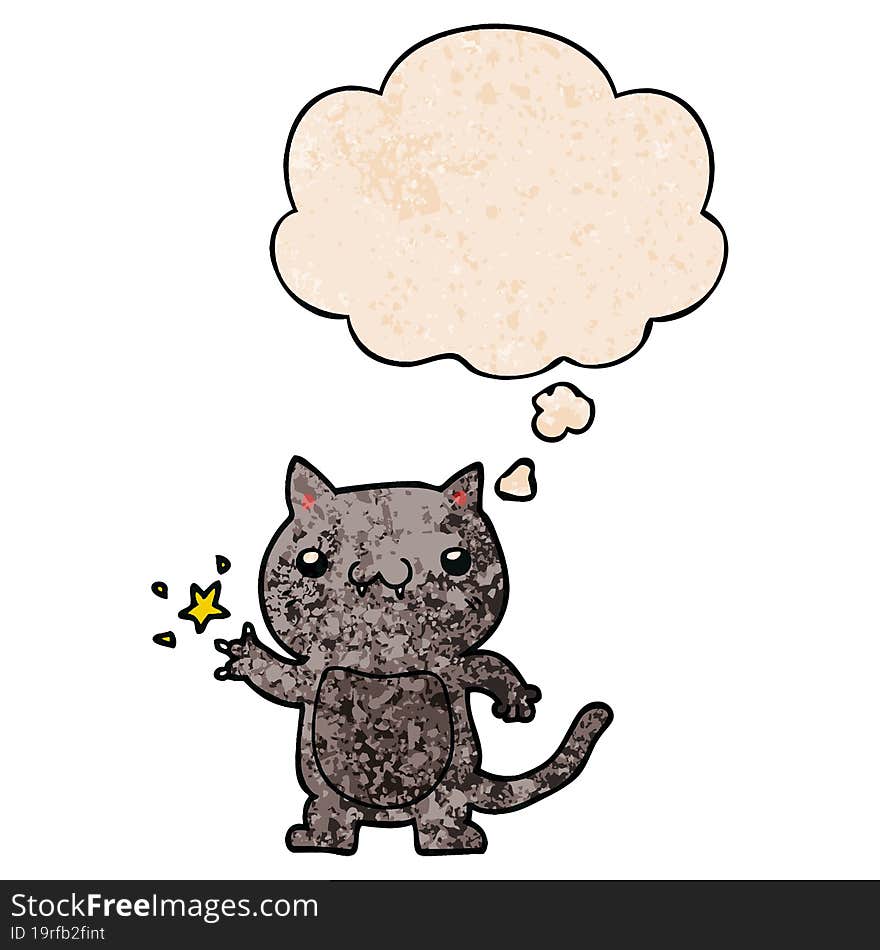 cartoon cat scratching and thought bubble in grunge texture pattern style