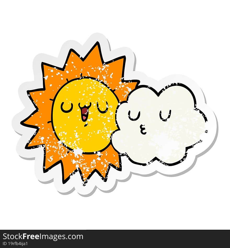 Distressed Sticker Of A Cartoon Sun And Cloud