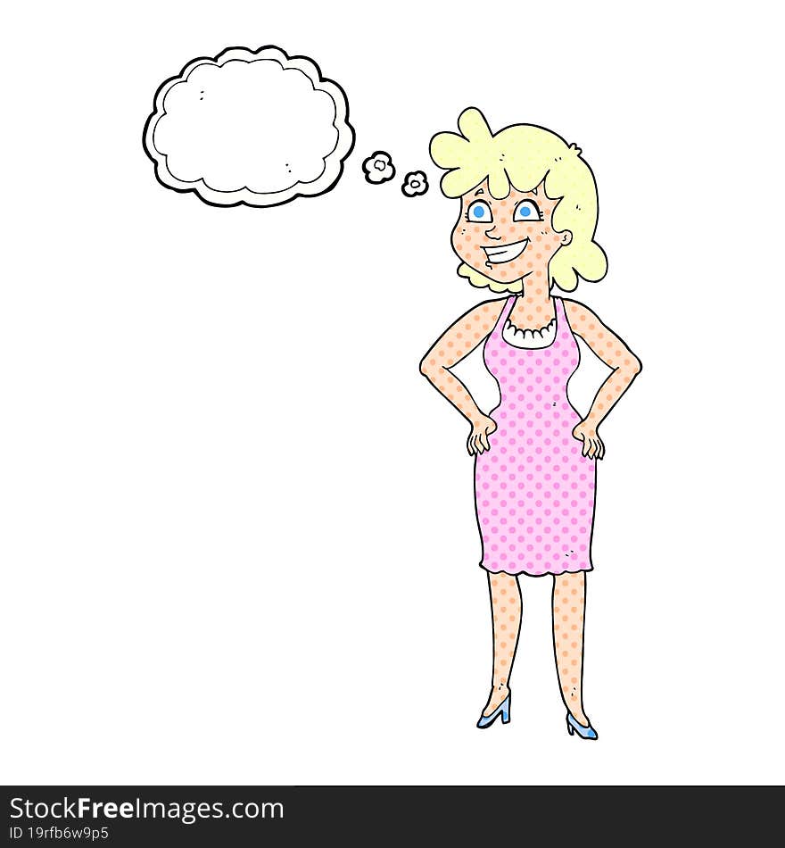 thought bubble cartoon happy woman wearing dress