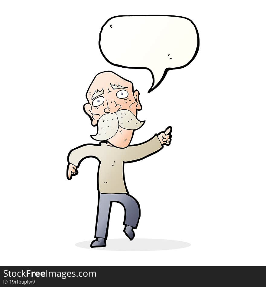 cartoon sad old man pointing with speech bubble