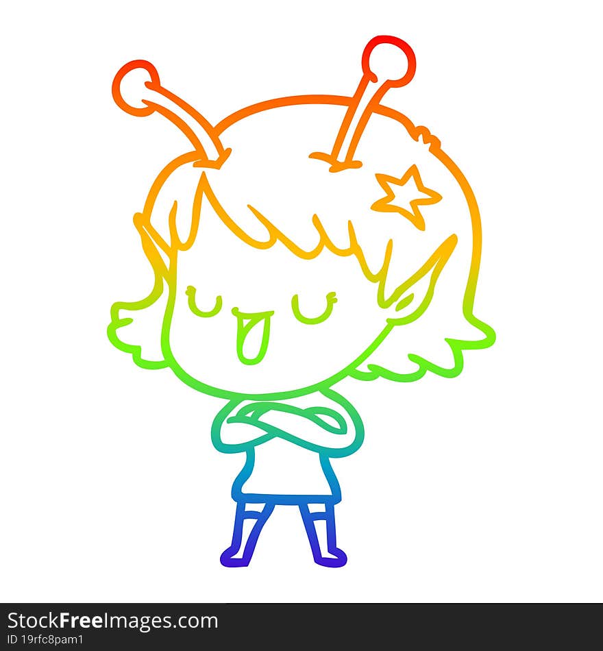 rainbow gradient line drawing happy alien girl cartoon