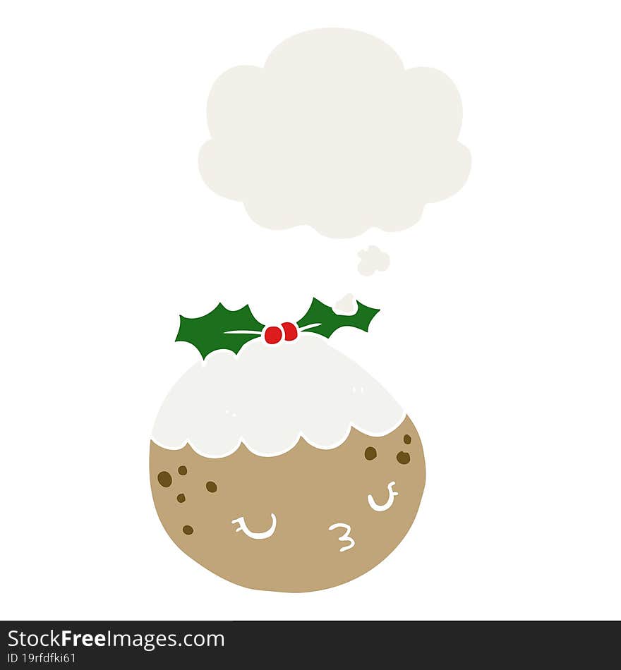 Cute Cartoon Christmas Pudding And Thought Bubble In Retro Style