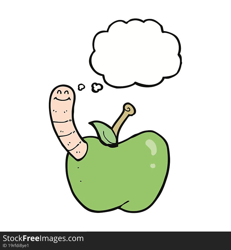 cartoon apple with worm with thought bubble