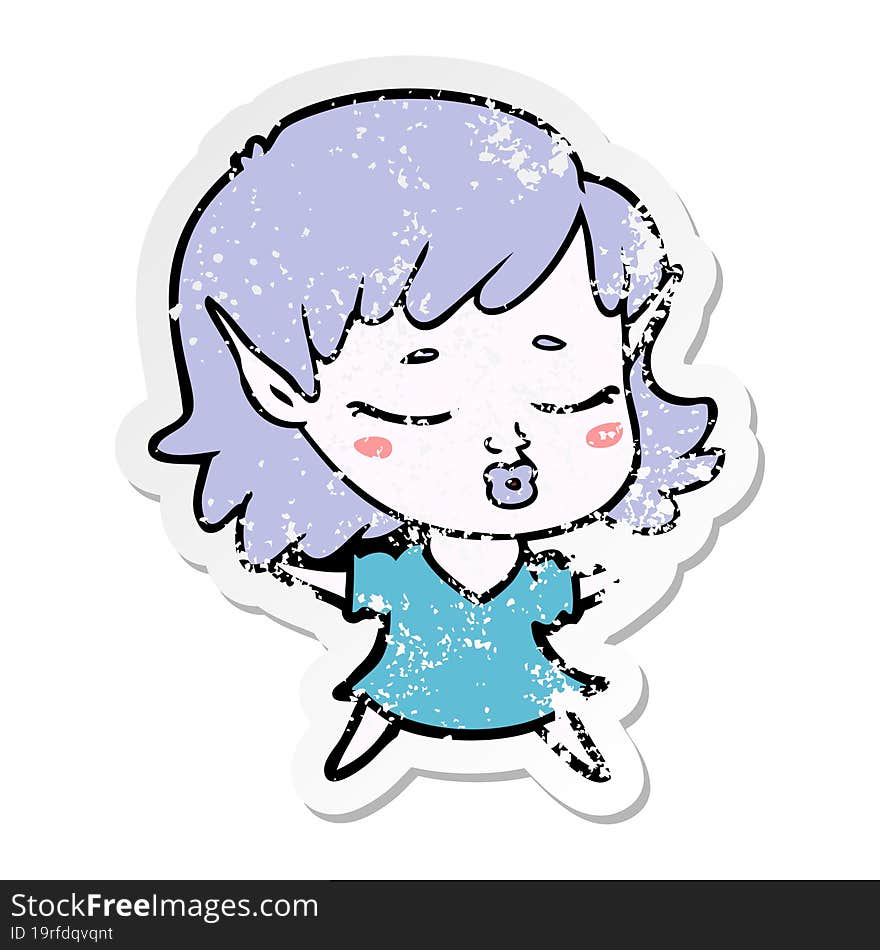 Distressed Sticker Of A Pretty Cartoon Elf Girl