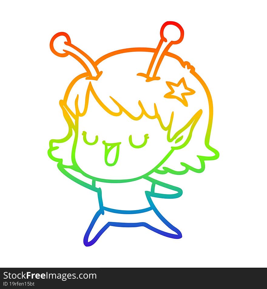 Rainbow Gradient Line Drawing Happy Alien Girl Cartoon