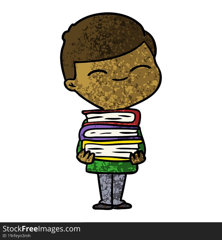 cartoon smiling boy with stack of books. cartoon smiling boy with stack of books