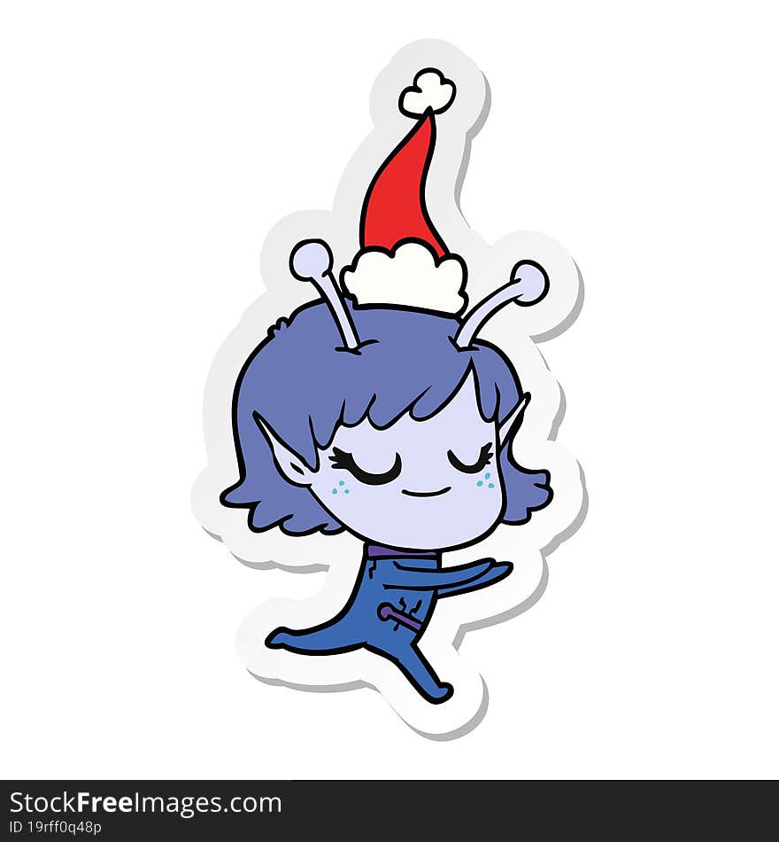 smiling alien girl sticker cartoon of a running wearing santa hat