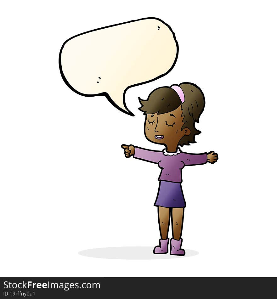 cartoon happy woman pointing with speech bubble