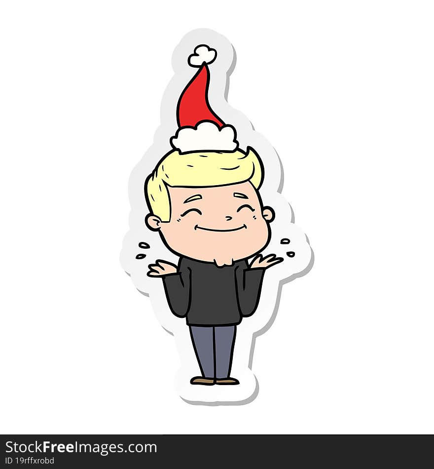 happy sticker cartoon of a man shrugging wearing santa hat