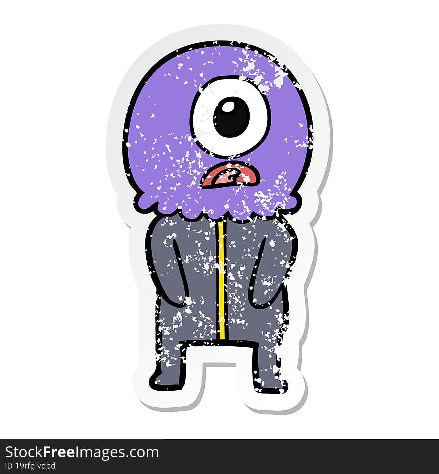 distressed sticker of a cartoon cyclops alien spaceman