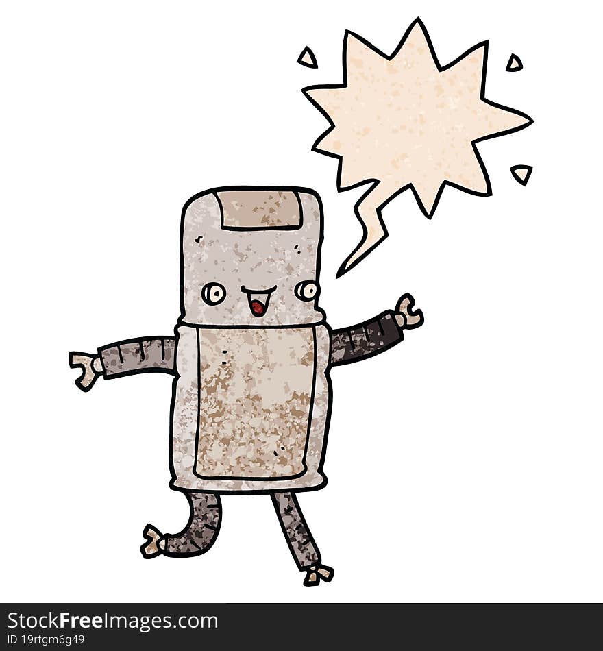 Cartoon Robot And Speech Bubble In Retro Texture Style