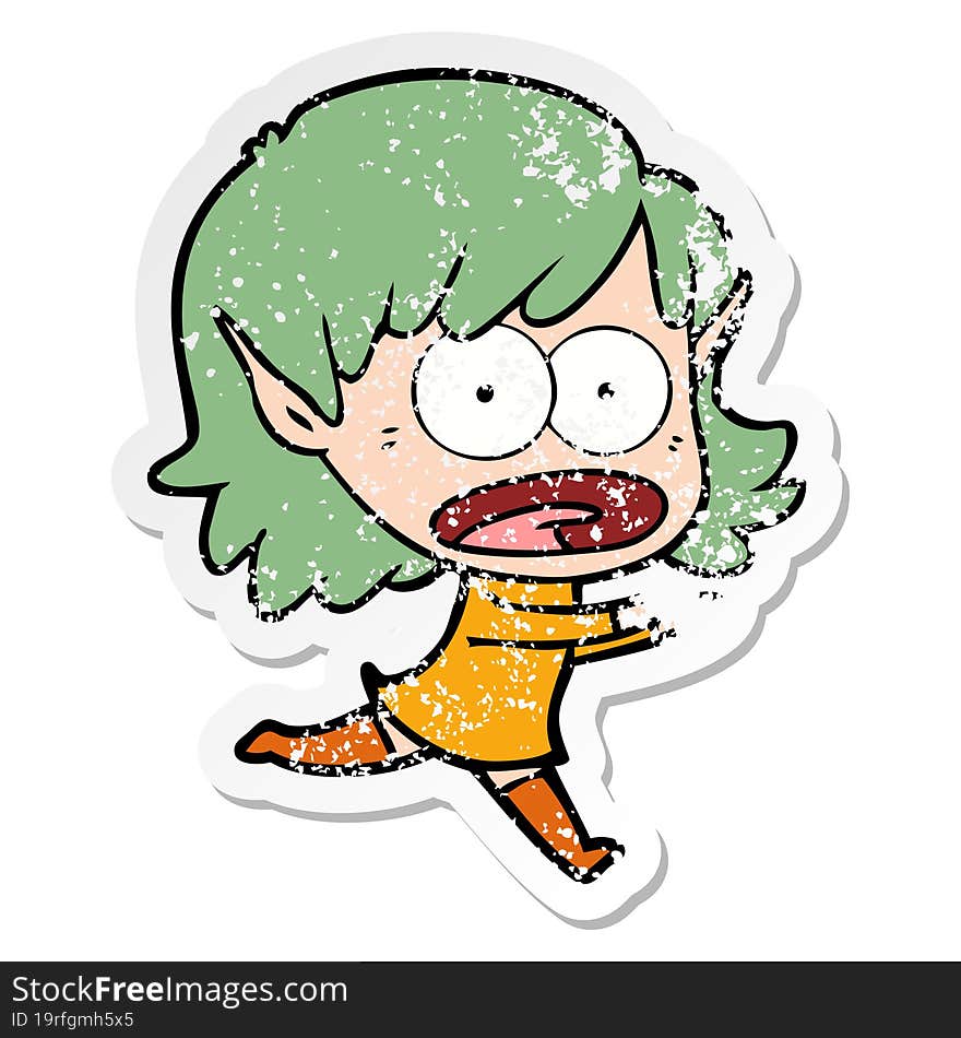 distressed sticker of a cartoon shocked elf girl