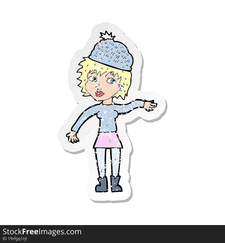 retro distressed sticker of a cartoon woman wearing hat