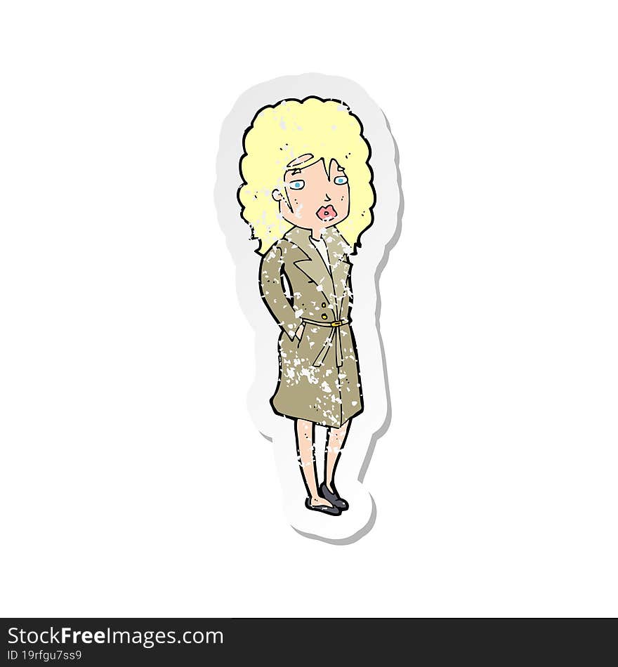 Retro Distressed Sticker Of A Cartoon Woman In Trench Coat