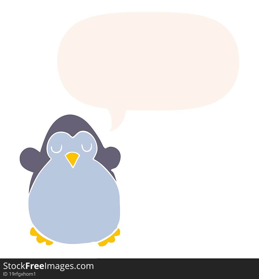 cartoon penguin with speech bubble in retro style