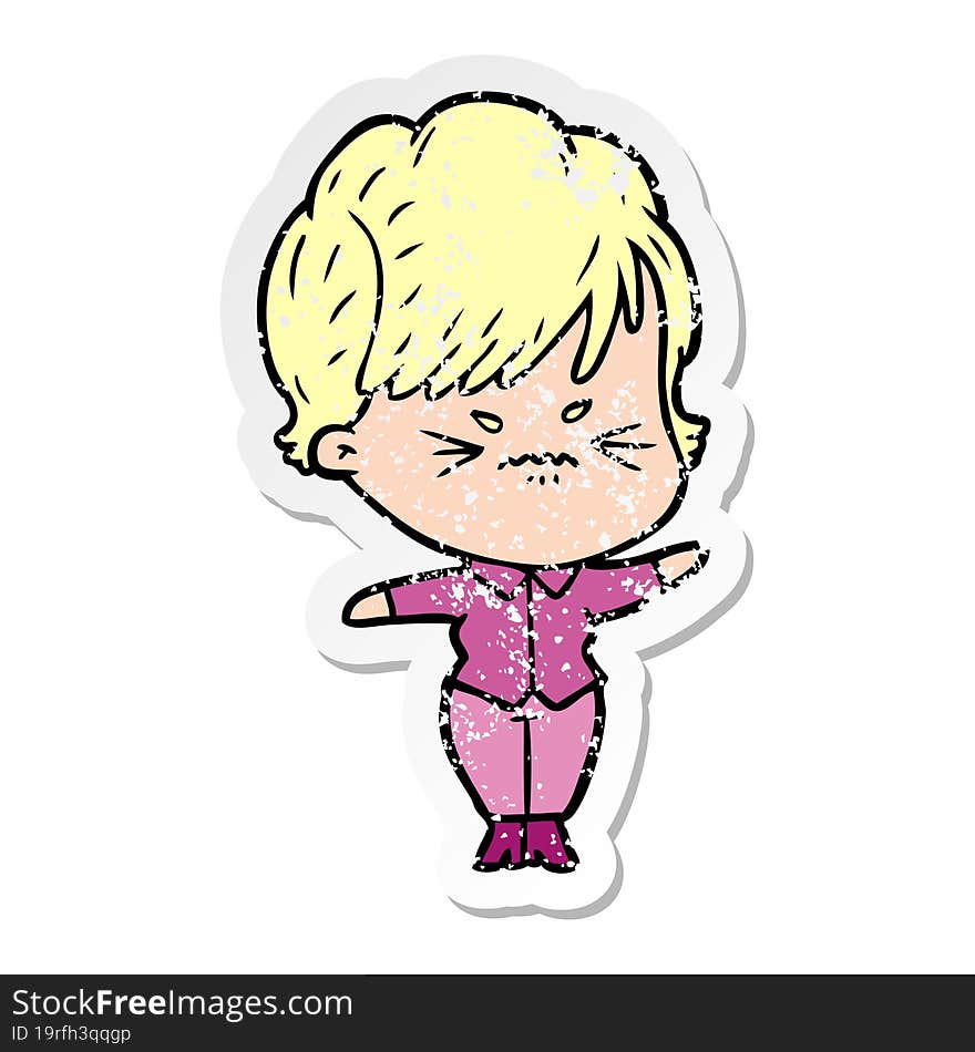 Distressed Sticker Of A Cartoon Frustrated Woman