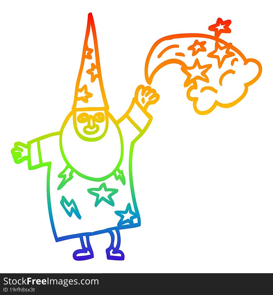 rainbow gradient line drawing of a cartoon wizard casting spell