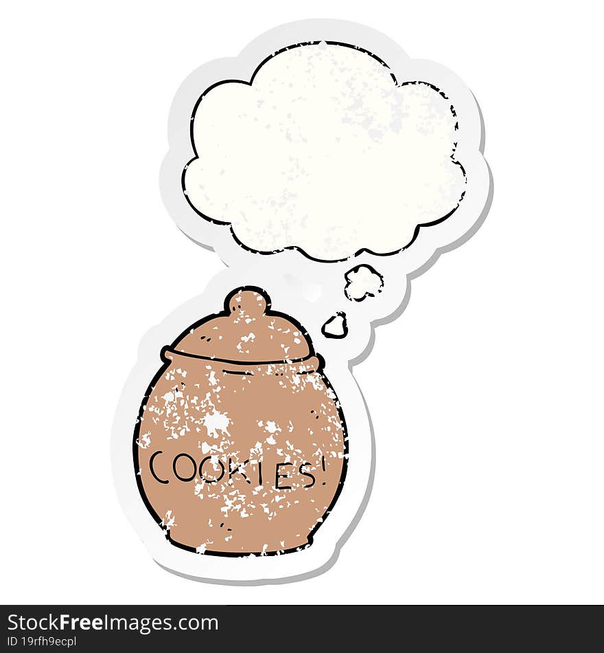 cartoon cookie jar with thought bubble as a distressed worn sticker