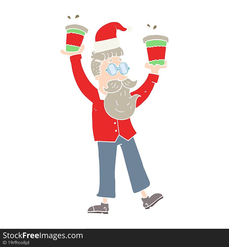 Flat Color Illustration Of A Cartoon Man With Coffee Cups At Christmas