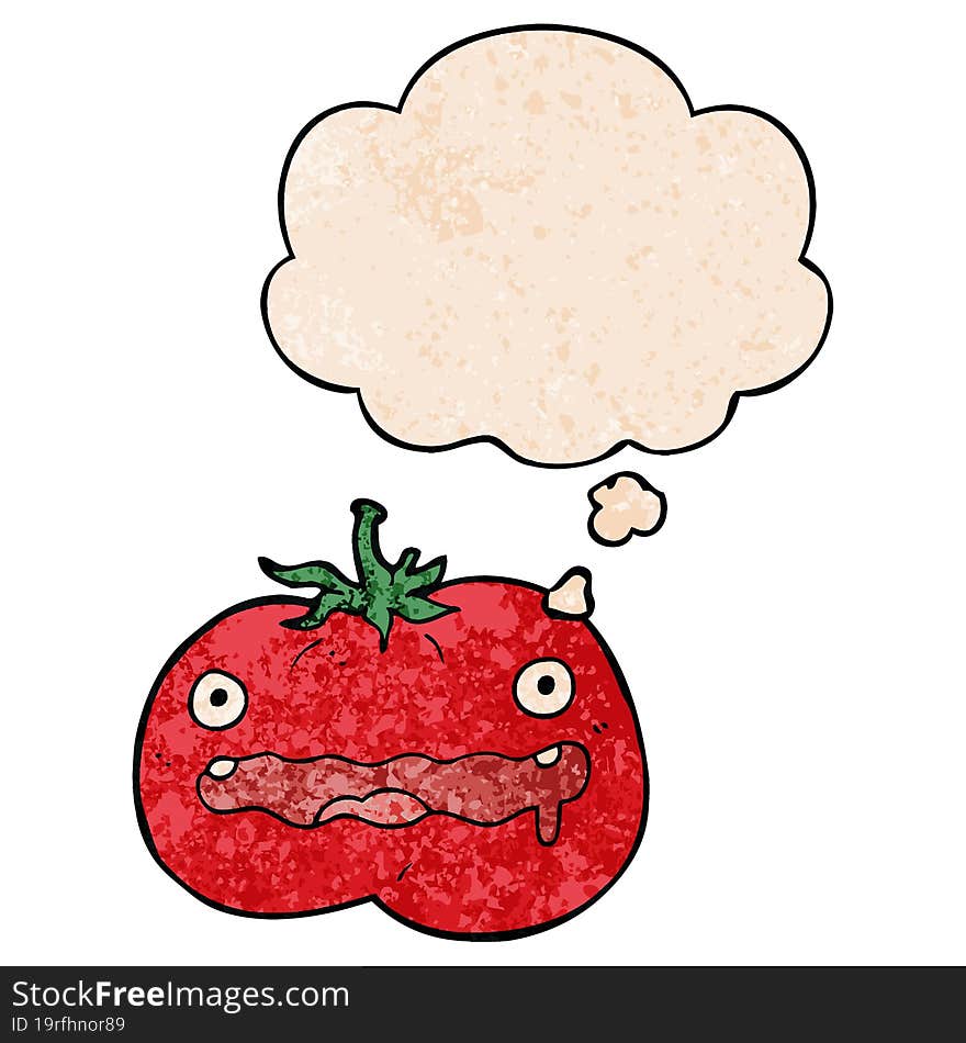 cartoon tomato and thought bubble in grunge texture pattern style