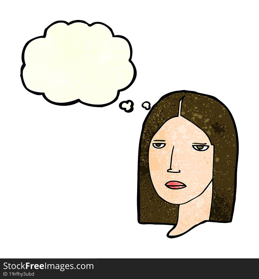 cartoon serious woman with thought bubble