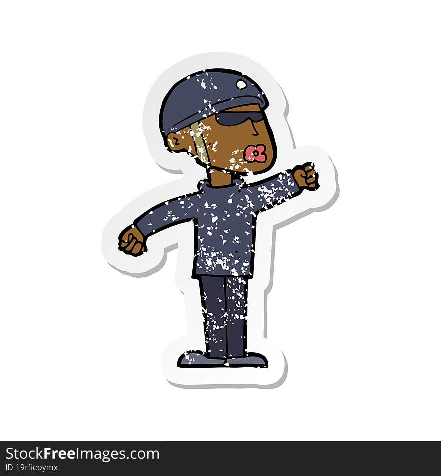 Retro Distressed Sticker Of A Cartoon Security Guy