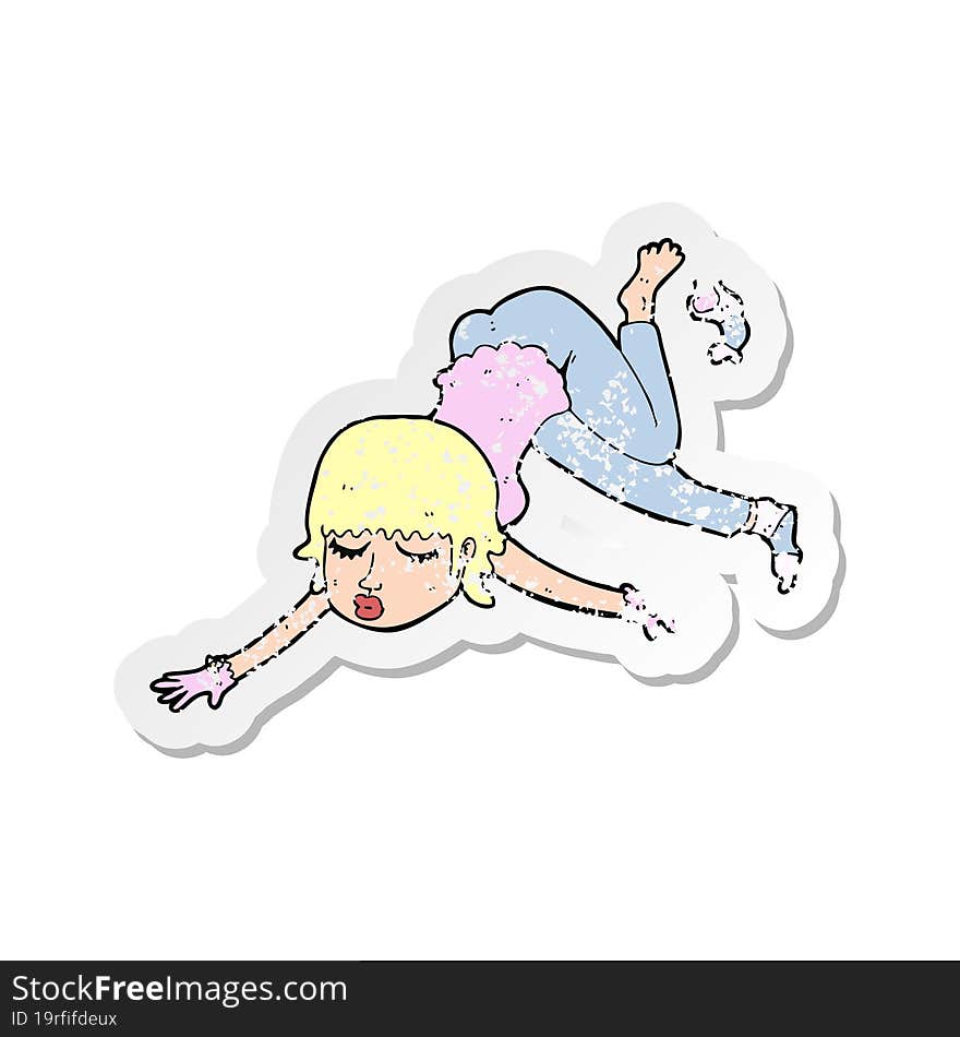 retro distressed sticker of a cartoon woman floating