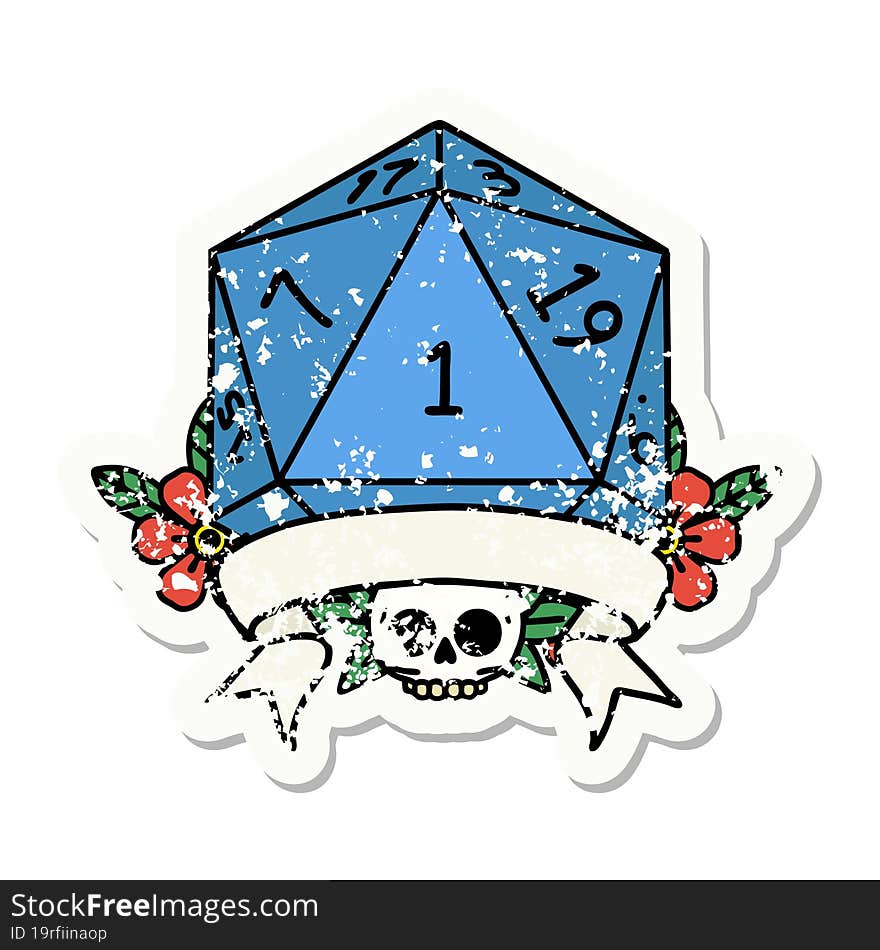 natural one d20 dice roll grunge sticker