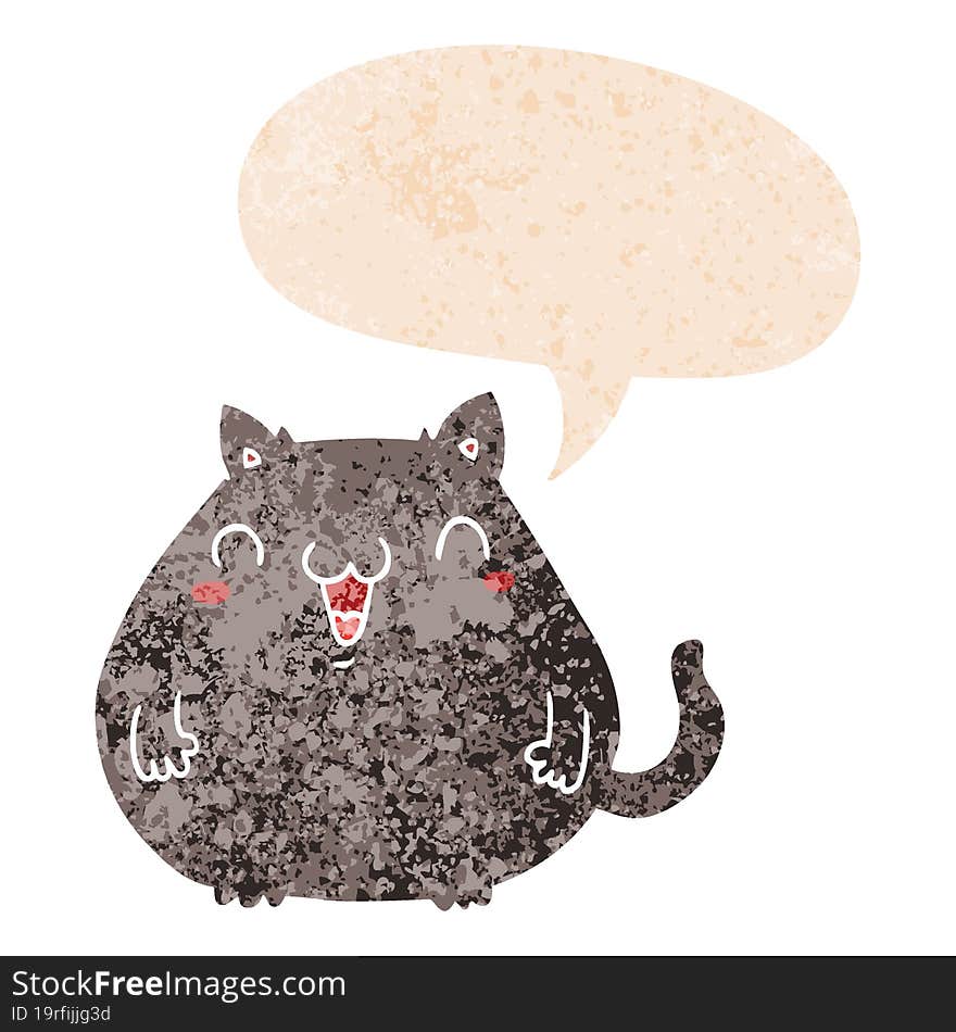 cartoon cat with speech bubble in grunge distressed retro textured style. cartoon cat with speech bubble in grunge distressed retro textured style